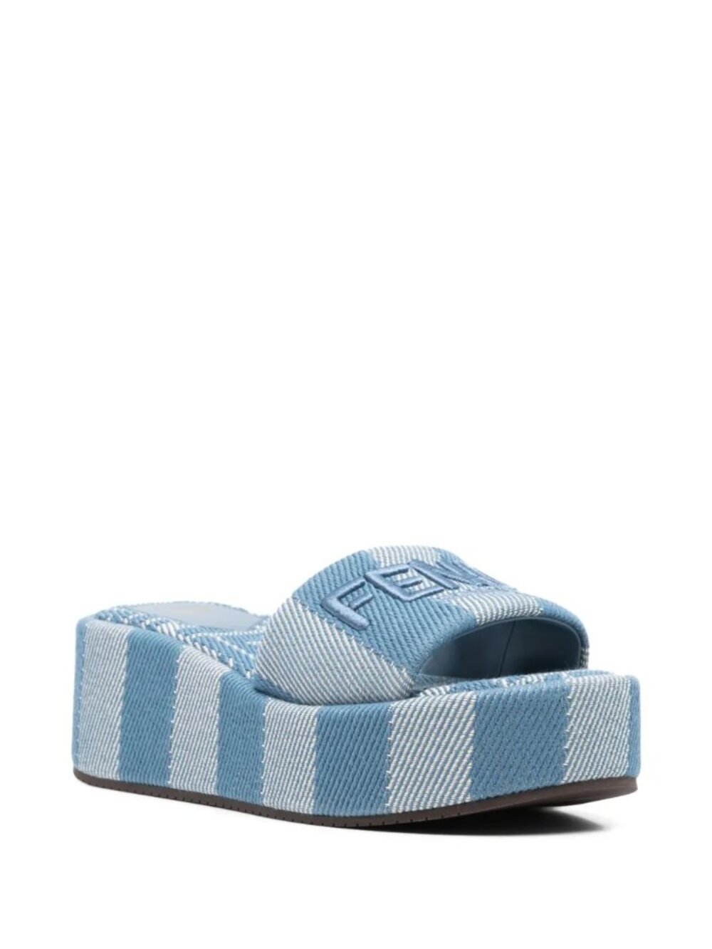 FENDI Sunshine Logo Striped Denim Platform Slide Mule Wedge Heel Sandals